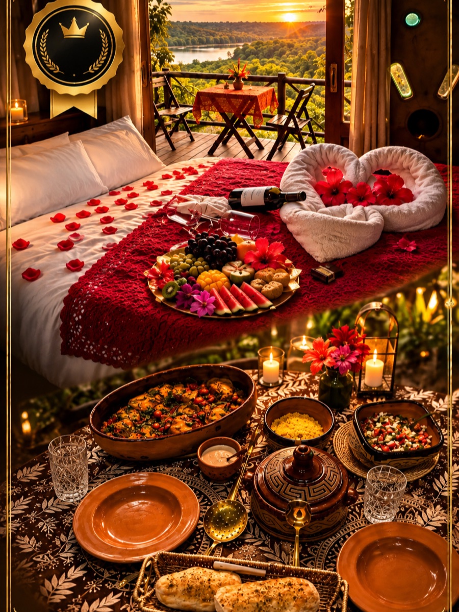Cama decorada com coração de toalhas, vinho e travessa gourmet — Pacote Premium