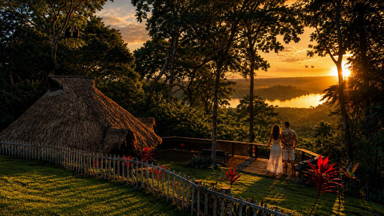 Paisagem do TerrAmor em Alter do Chão, com o sol atrás das árvores